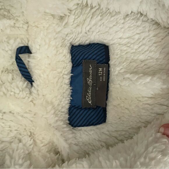 Eddie Bauer Snowsuit Baby 12 Month Navy Blue Plaid Cream Sherpa Down Hooded Suit - Picture 6 of 7